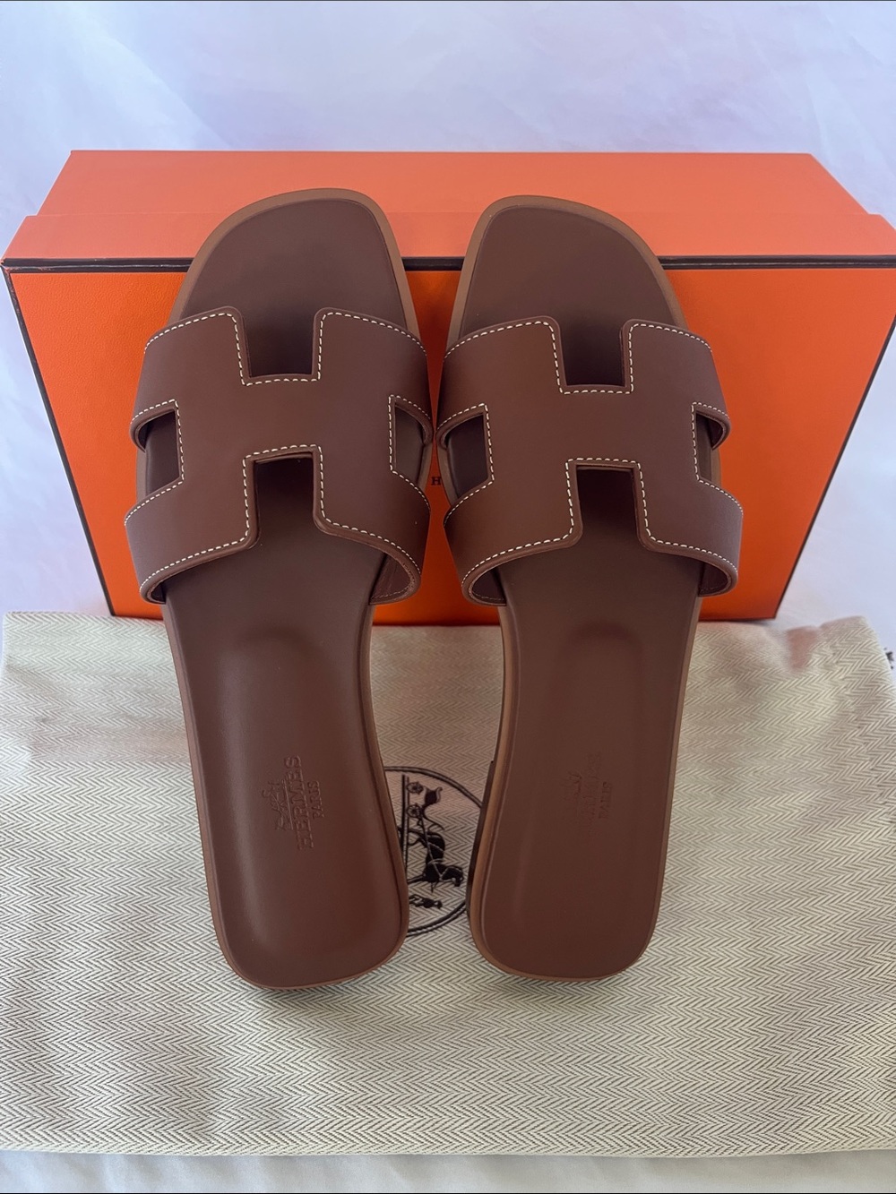 HERMES Oran Sandal Gold Brown Box Calfskin 37.5